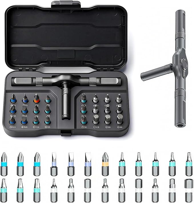 2026 New Tools 24 in 1 Magnetic Ratchet Screwdriver Set, Multi Bit DIY Magnetic Screwdriver Set with Detachable Ratchet Handle, Portable Precision Repair Tool Kit for Furniture, Electronics, Bicycle