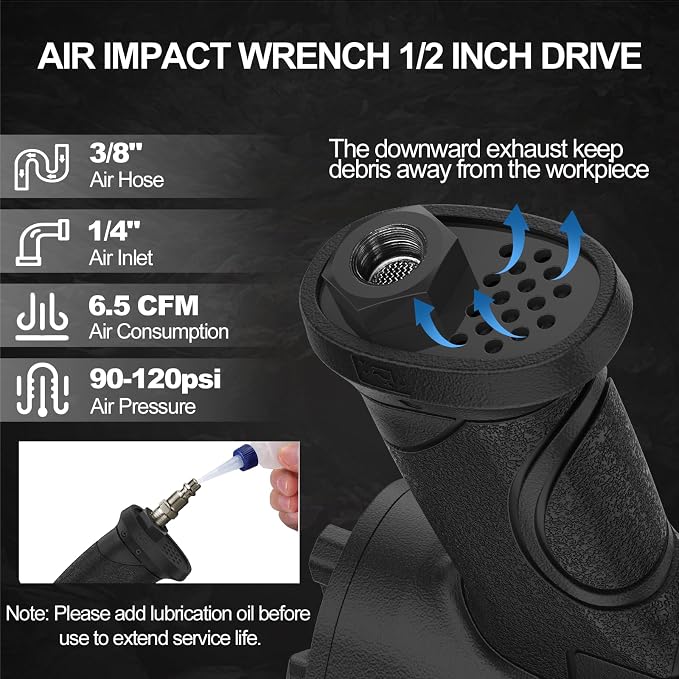 Trivd Frol Air Impact Wrench - 1/2 Inch Air Impact Gun | Max Torque 1500 Ft-lbs, 8000 RPM Speed, Weight 4.74 lb, 1/2" Impact Wrench Gun for Auto Repair, Tire Shop
