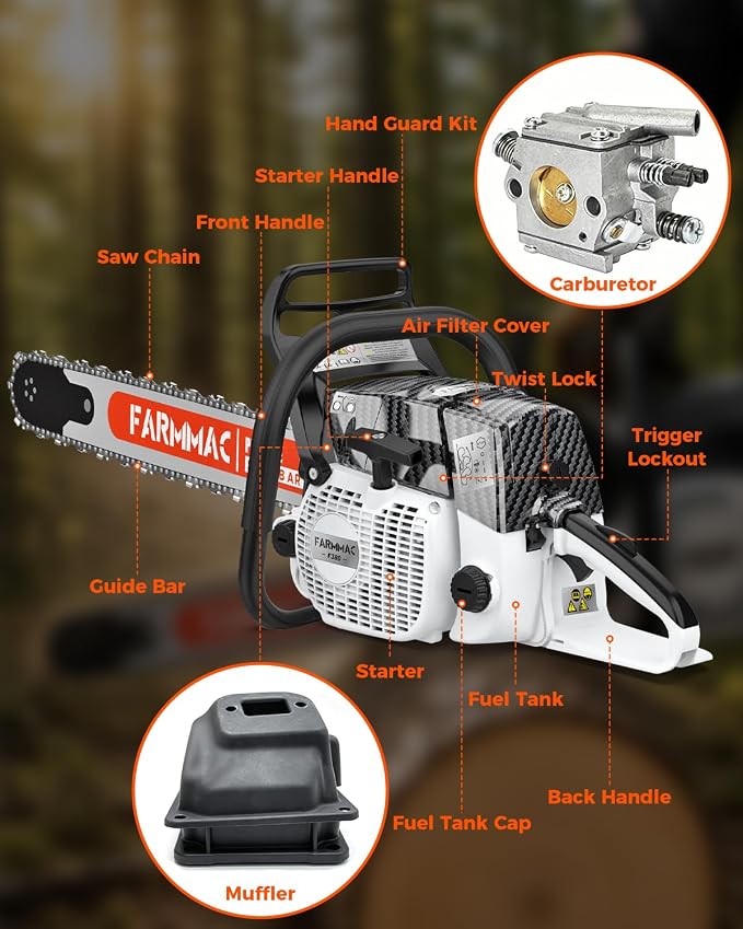 F380W Gas Chainsaw with 28 Inch Advance Bar, 72cc 2-Cycle Gasoline Power Chain Saws, 3.6KW 4.8HP for Professional Logging Work, Power Chain Saw All Parts Compatible with MS381 MS380 038