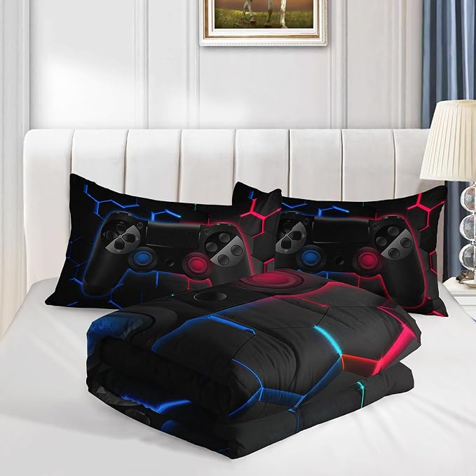 Axolotl Gamer Comforter Set King Size,Geometric Honeycomb Gaming Bedding,Video Games Comforter,3 Piece Game Console Print Bedding Set for Kids Boys Girls Teens,1 Duvet 2 Pillowcases,Blue Red