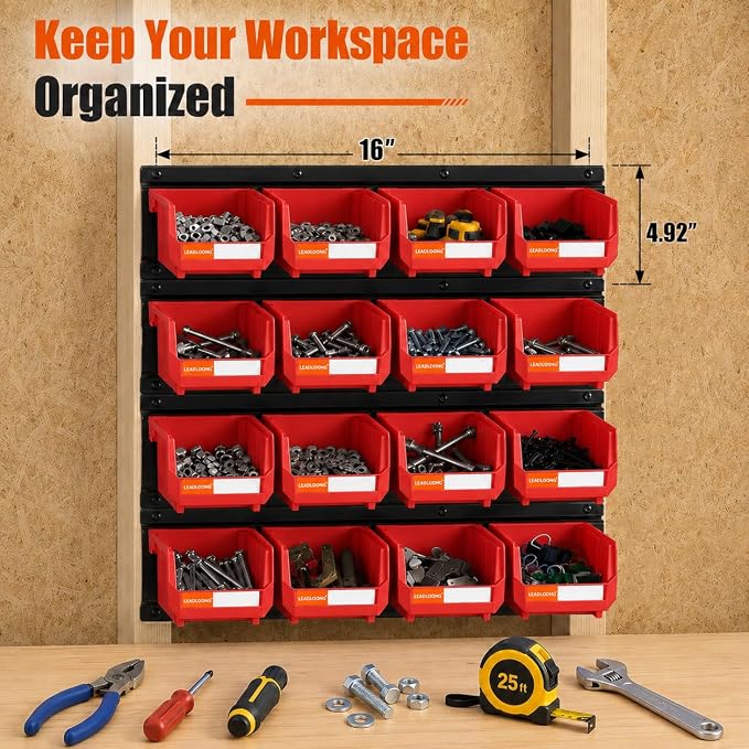 16pc Wall-Mounted Storage Organizer Set with Metal Rails Red | Heavy duty tool organization box with metal rails. Ext 5"x4"x3" for garage screws nuts bolts.