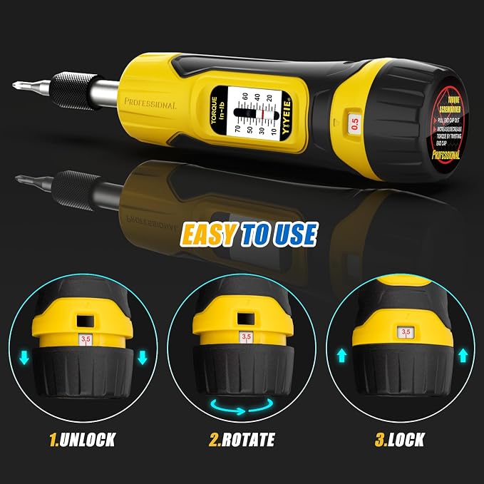 60Pcs Torque Screwdriver Set, 10-70 Inch Pounds Torque Driver for Maintenance with S2 Bits, 0.5 In-lbs Adjustable, 1/4" Drive Fat Wrench Torque Screwdriver for Gunsmithing, Bike Repairing, Mounting