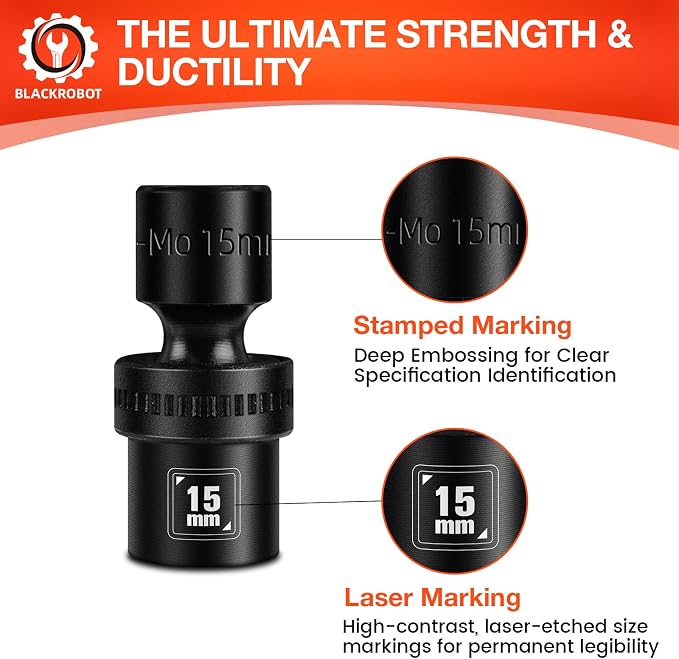 BLACKROBOT 3/8" Drive Shallow Universal Impact Socket Set, 12PCS 6 Point Metric Swivel Socket set(10-22mm), CR-MO Steel, Includes Storage Rail