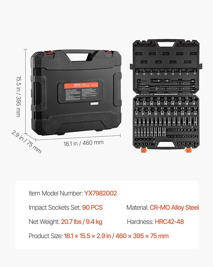 VEVOR Impact Socket Set 3/8" Drive 90-Piece, CR-MO, Shallow & Deep, 6 Point | SAE 1/4"-3/4" & Metric 6-19mm, with Swivel & E-Torx & Bit Sockets, Extension Bars, Adapters, Universal Joint