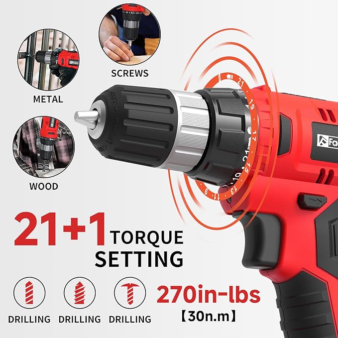 FADAKWALT Cordless Drill Set, 20V Electric Power Drill With Battery And Charger, 30N Torque, 21+1 Settings, 3/8-Inch Keyless Chuck, Driver Bits Kit, LED Light (Red）