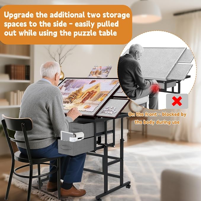 Doerpuz Jigsaw Puzzle Table with Drawers × 6,1500pcs Adjustable Height and Five up Angles Puzzle Tables for Adults with Drawers,Cover,Wheels for Indoor Game in Winter