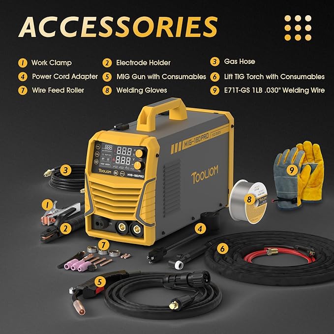 TOOLIOM 4 in 1 MIG Welder 180A Gas MIG/Flux MIG/Stick/Lift TIG Multiprocess Welding Machine 110V/220V Welder Kit with Lift TIG Torch