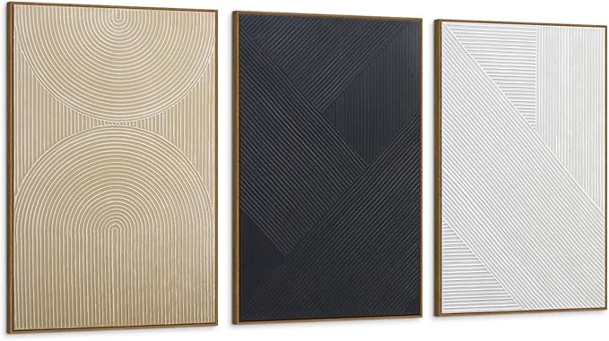Large Boho Textured 3D Wall Art Neutral Set of 3-24"x36" Hand-Painted Abstract Framed Paintings for Living Room, Bedroom - Modern Minimalist Black White Neutral Boho Decor