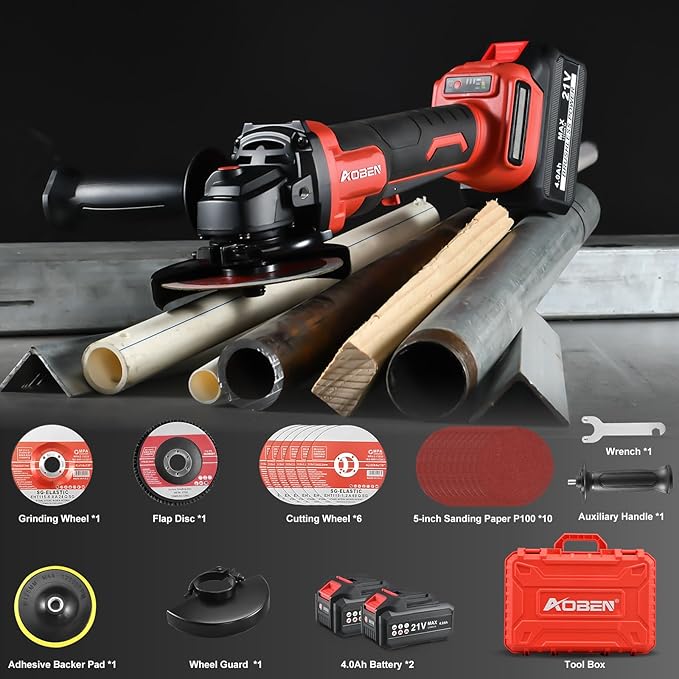 AOBEN 21V Cordless Angle Grinder Tool, 4-1/2 Inch Power Brushless Cut Off Grinder, Paddle Switch, with 2x4.0Ah Battery & Charger, Electric Handheld Grinder for Metal Cutting, Grinding, Polishing