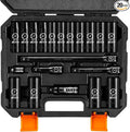 BOEN 1/2" Drive Metric Deep Impact Socket Set, 20 Piece Cr-V Steel Metric Socket Set 10mm-24mm, Includes Extension Bars, Universal Joint and Adapter, 6 Point Design, Meets ANSI Standards