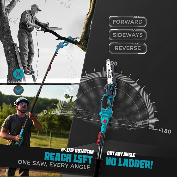 2-in-1 Cordless Pole Saw & 8'' Mini Chainsaw with Extension Pole for Tree Branches, Electric Handheld Chain Saw with 2×21V 4.0Ah Rechargeable Batteries,Auto Oiling,Max 16Ft Saw for Tree Trimming