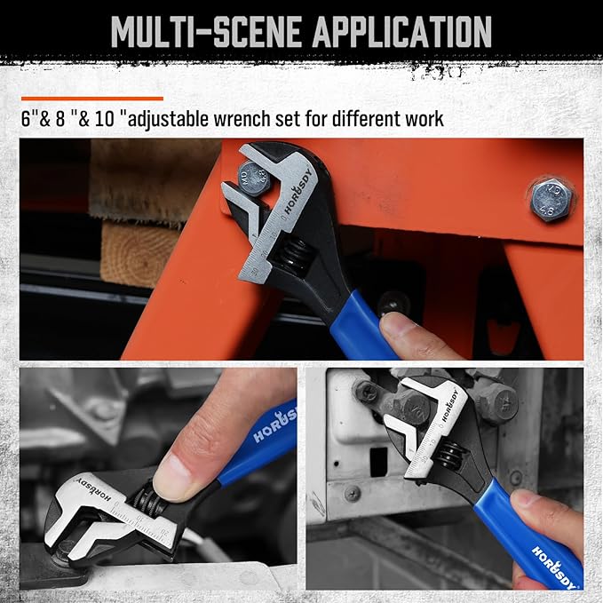 HORUSDY 3-Piece Adjustable Wrench Set (6/8/10 in), Wide Jaw Black Oxide Finish, Cr-V Steel, Metric & SAE Scales, Adjustable Spanner Set for Home Garage Workshop