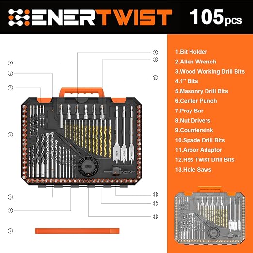 ENERTWIST 105 Pcs Drill Bit Set - HSS Titanium Coated, Carbon Steel Woodworking Bits, Hole Saws & Screwdriver Bits for Wood, Metal, Cement in Durable Case