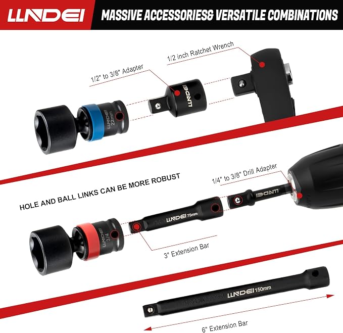 LLNDEI 27Pcs 3/8" Impact Swivel Socket Set, Metric & SAE(8-22mm, 5/16-3/4") | CR-MO, Drive Swivel Socket Set, 6 Point Wobble Socket Set with Ratchet Wrench, Extension Bar and Adapters.