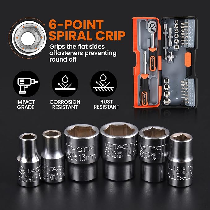 Tactix 43-Piece Socket Wrench and Bit Set 1/4'', CR-V Metric Sockets with Quick-Release Ratchet Wrench, Compact Sockets Set for Car Repair, with Storage Case