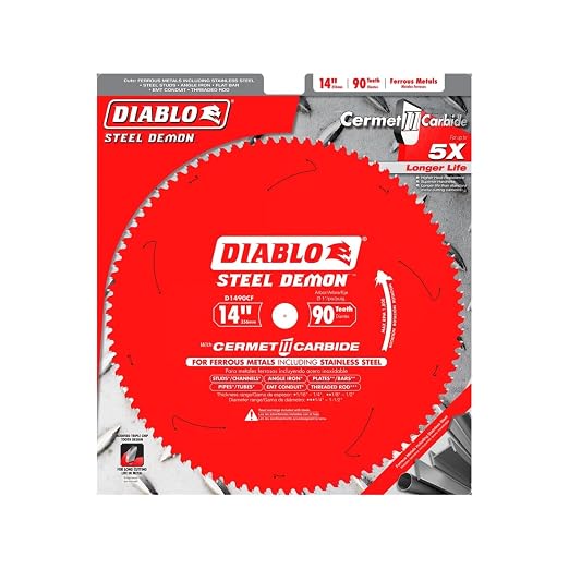 Diablo Steel Demon Cermet II Saw Blade for Thin Metal - 14" Diameter, 90 TCG Teeth, 1" Arbor, .083" Kerf, 0° Hook Angle, .0.71" Plate, 1800 Max RPM - D1490CF