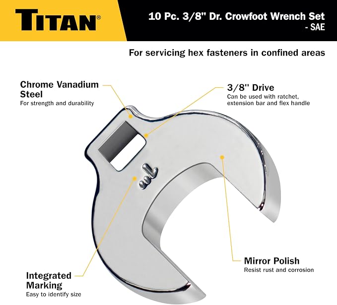 Titan 17294 10-Piece 3/8-Inch Drive SAE Crowsfoot Wrench Set