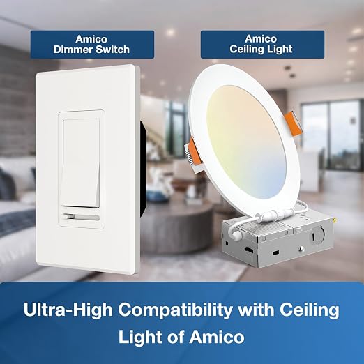 Amico Dimmer Light Switch, Single-Pole or 3-Way Slide Dimmer Switches for Led Lights, Suitable for 150W Dimmable LED/CFL and 600W Incandescent/Halogen, Wall Plate Included, ETL Listed, 6 Pack, White