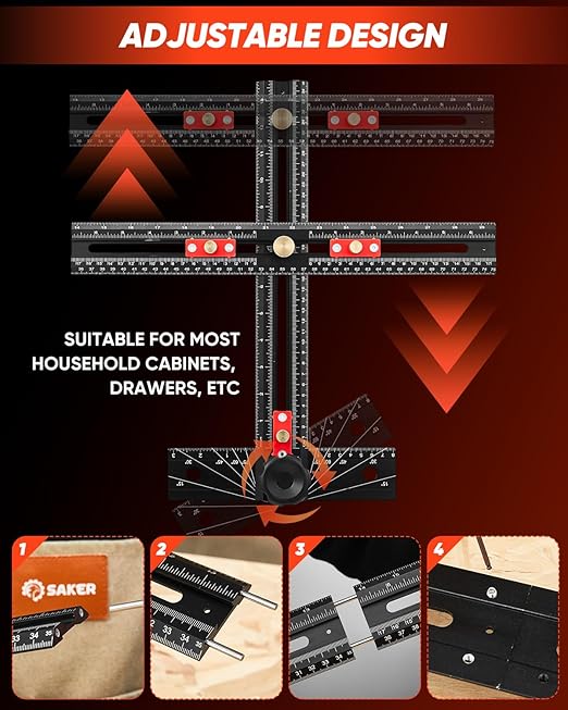 Saker 4-in-1 Scriber Marking Line Ruler, 29.5in Spliceable Extended T Square with Pencil, Precision Line Drawing & Drilling Positioning Tool, Cabinet Hardware Jig with Angle Adjustment for Woodworking
