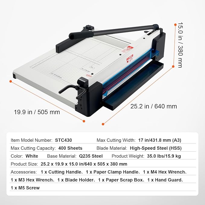 Happybuy Heavy Duty Paper Cutter, 17" Industrial Commercial Guillotine Paper Cutter for A3 Paper, 400 Sheet Capacity, Stack Paper Trimmer for Office Home School Shop, White