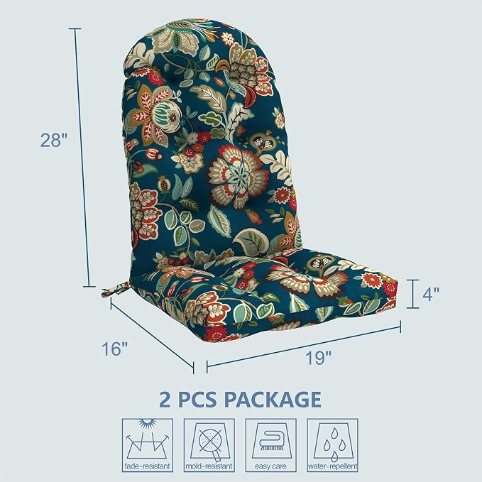 LVTXIII 2 Pack Outdoor Adirondack Chair Cushions, 44x19x4 Inch Water Repellent Patio Cushions for Rocking Chairs, Thick Tufted High Back Seat Cushion Set, Peacock Blue