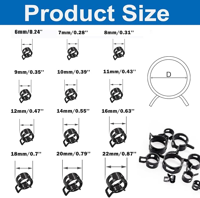 Tnisesm 140 Pcs 12Values 6-22mm Spring Hose Clamp Assortment Kits Silicone Vacuum Hose Action Low Pressure Air Clip Clamp Hoses Clamps sleeving(Black)
