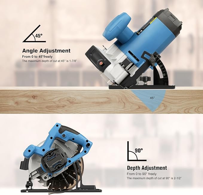 11A Corded Circular Saw with Laser Guide, 6000RPM Electric Circular Saw, 7-1/4" Blade, Max Cutting Depth 2-1/2" (90°) and 1-7/8" (45°), Carpentry Tool for Woodworking Plastic Precision Cutting