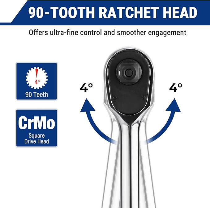 WORKPRO 1/2-Inch Drive Low-Profile Ratchet, 90-Tooth Ratchet Wrench | Quick-Release Socket Wrench for Men Women, Reversible, 4° Swing, CR-MO Compact Drive Head, Full Polished