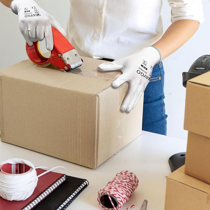 KAYGO Work Gloves for Men and Women, 60 Pairs Seamless Knit PU Coated Safety Gloves, with Smooth Grip on Palm and Fingers, Ideal for Light Warehouse, Manufacturing, Gardening, KG11P (XL, White)