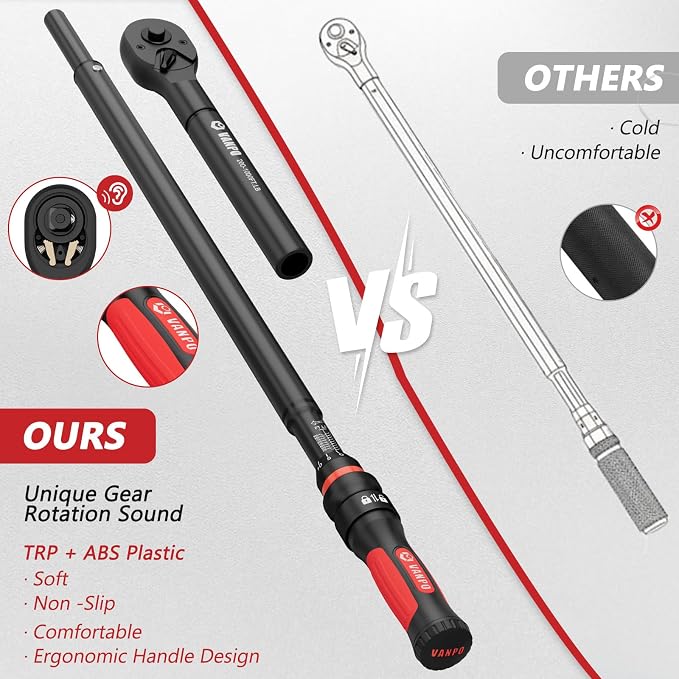 VANPO Torque Wrench 1 Inch Drive 200-1000 Ft-Lb, 48" Length, ±3% Accuracy | Heavy Duty for Mining, Oilfield & Structural Work, Click Style, Dual Scale, Dual Direction, TPR+ABS Handle, with Carring Case