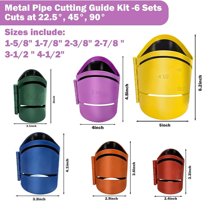 6 Piece Metal Pipe Cutting Guide Kit Sizes Includes:1-5/8" 1-7/8" 2-3/8" 2-7/8" 3-1/2" 4-1/2" Pipe Cutting Guide, Pipe Saddle Template Cutting Guide Cuts at 22.5°, 45°, 90° & Saddle Cut, Steel