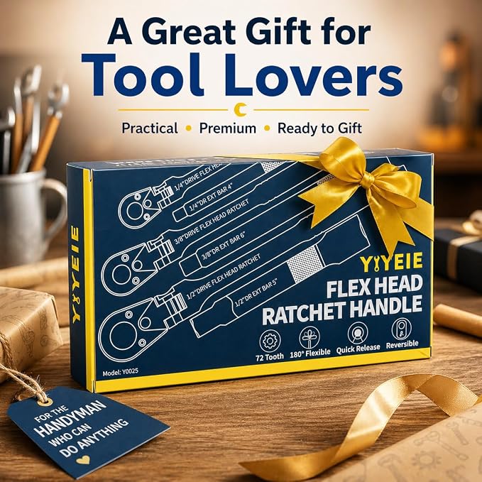 YIYEIE 6-Piece Flex Head Ratchet Set, 1/4", 3/8", 1/2" Drive, Swivel Head Ratchet Wrench with Extension Bar, 72 Tooth, 180° Adjustable, Quick-Release, Flexible Ratchet Handle with EVA Foam