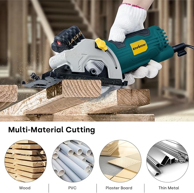 Enventor 4.8A Mini Circular Saw Corded with Laser Guide, 3 Saw Blades | 3-3/8" Power Electric Circular Saw Compact for Wood, Soft Metal, Tile, Plastic, Max Cutting Depth 1-1/16"