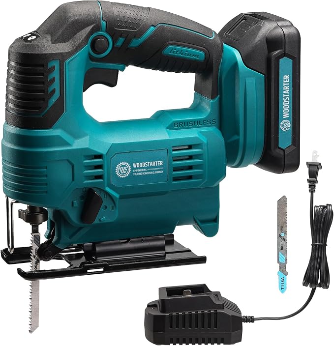 Cordless Jig Saw with Brushless Motor, 3 Adjustable Speed Settings, 45°-90° Cutting Angle, Compatible with T-Shaped Blades, Includes Dust Blowing Feature(With Battery and Charger)