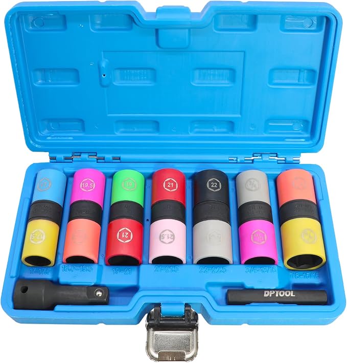 Lug Nut Socket Set 1/2" Drive Impact Half Size Thin Wall Flip Socket Set | SAE Metric 17 17.5 18.5 19.5 19 21 21.5 22 22.5mm 3/4, 13/16, 7/8, 15/16 In. Wheel Lug Nut Remove Non Marring Socket Set