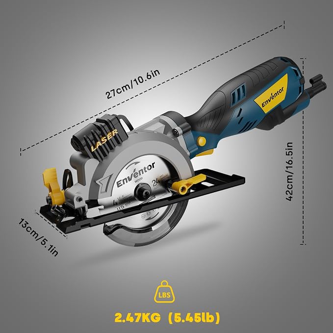 Enventor Mini Circular Saw, 5.8A 4-1/2" Electric Circular Saws with 6 Saw Blades, Laser Guide, 3,500RPM Max Cutting Depth 1-11/16"(90°), 1-1/8"(45°) for Soft Metal, Wood, Tile Cutting