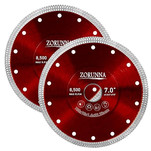 ZORUNNA 2Pcs Diamond Blade for Angle Grinder, 7" Super Thin Tile Grinder Saw Blade for Smooth Cutting, Dry and Wet Cutting on Porcelain, Ceramic, Granite, Marble.