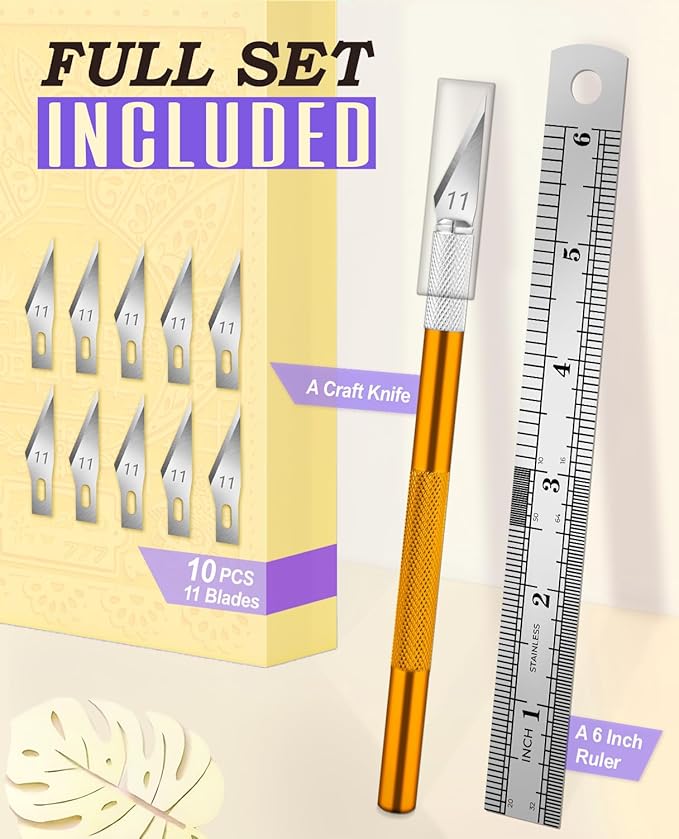 DIYSELF Craft Knife with 10 Extra #11 Blades, Precision Hobby Knife Set with Steel Ruler, Exacto Knife for Crafting, Polymer Clay, Pottery, Paper, Vinyl, Stencil & Model Making (Gold)