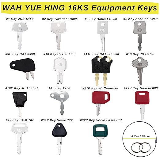 Multi Type Heavy Equipment Master Keys, 16 Contractor Excavator Dozer Skid Steer Loader Forklift Roller Operators Keys Fit Case JCB Kubota KOM Volvo CAT JLG Hyster Hitachi John Deere JD