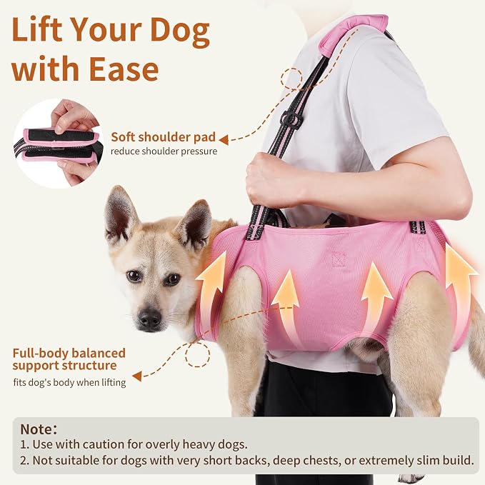 Full Body Dog Lift Harness, Support Senior & Disabled Dogs Walking | Help Up & Down Stairs Grooming, Dog Sling Backpack, Front Hind Leg Joint Injuries, Reflective, Soft Padded Handle | Pink, XL