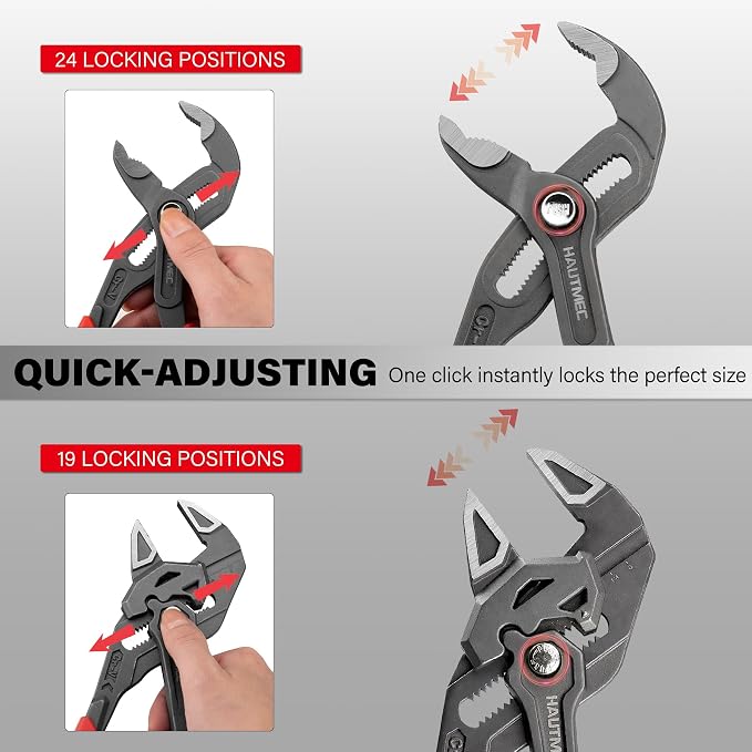 HAUTMEC 2-Piece 10 Inch Adjustable Pliers Wrench & Water Pump Pliers, Parallel Smooth Jaw & V-Jaw, CR-V Steel, Fast Adjustable Tongue and Groove Joint Pliers for Plumbing, Mechanical, Home Repair