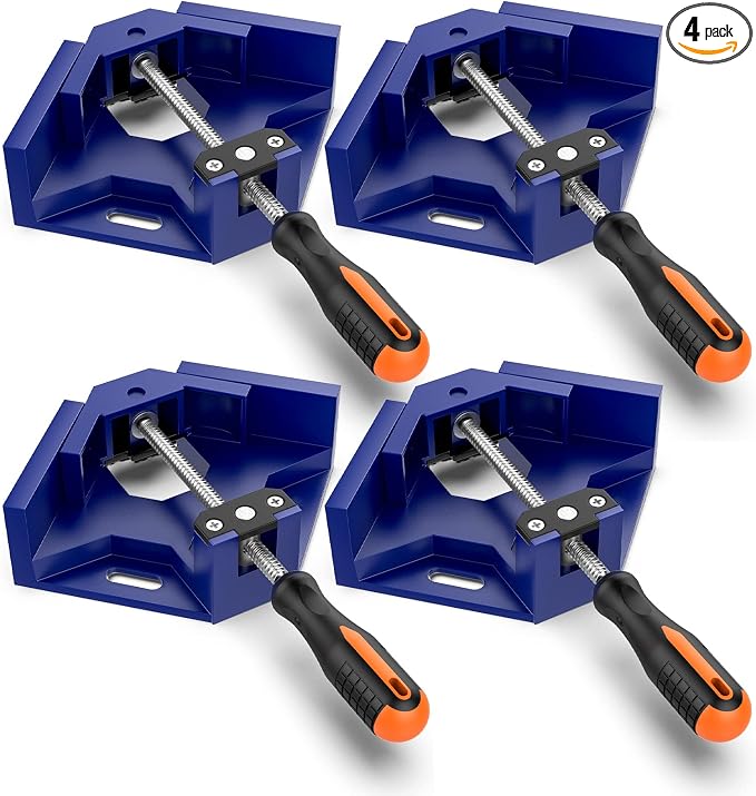 Right Angle Clamp, Housolution [4 PACK] Single Handle 90° Aluminum Alloy Corner Clamp, Right Angle Clip Clamp Tool Woodworking Photo Frame Vise Holder with Adjustable Swing Jaw - Blue