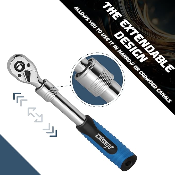 DISEN 3PCS Extendable Ratchet Wrench Set,1/4" 3/8" 1/2" Drive 72-Tooth, Quick-Release, Reversible Drive Socket Wrenches,Soft Grip Handle with Storage Tray