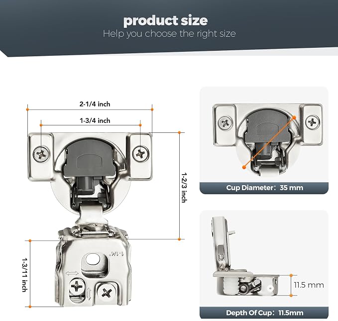 24 Pack (12 Pairs) 1-1/4" Overlay Soft Close Cabinet Hinges, Satin Nickel Stainless Steel Concealed Hinges with 3D Self-Closing for Face Frame Doors & Kitchens
