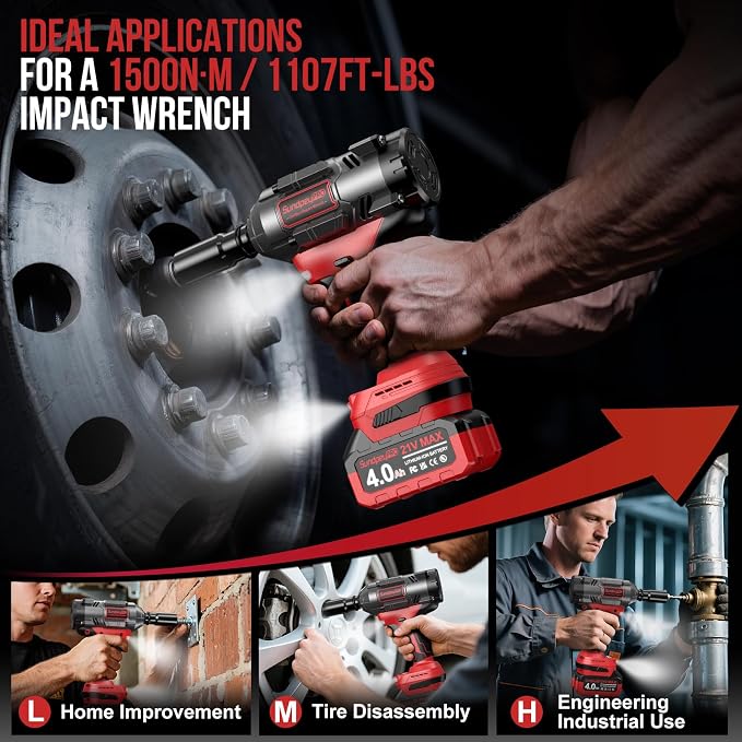 1/2 Brushless Cordless Impact Wrench 1107Ft-lbs Power Impact Gun | 21V High Torque, 3 Variable Speeds & RSS, 2 Led, with 2x4.0Ah Batteries, 6 Sockets, Fast Charger & Case, for Car & Truck & RV