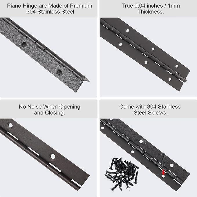 10 Inch Black Continuous Piano Hinges 2 Pack, Heavy Duty Stainless Steel Folding Hinges 0.05" Thickness 2" Open Width with Mounting Holes & Screws for Cabinet Doors Toolbox DIY Projects