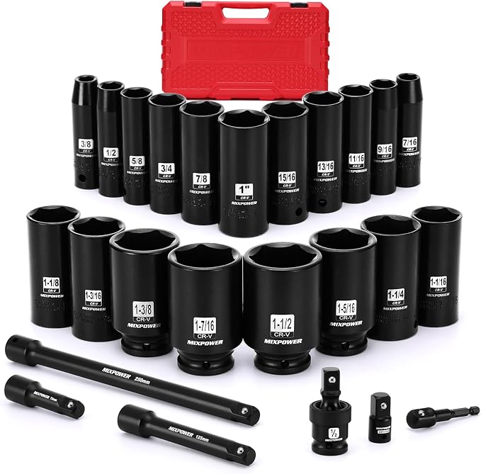 MIXPOWER 25 PCS 1/2” Drive Impact Socket Set, 3/8" to 1-1/2" Deep Socket, 6-Point Hex Socket with Portable Case,SAE,CR-V&CR-MO Steel