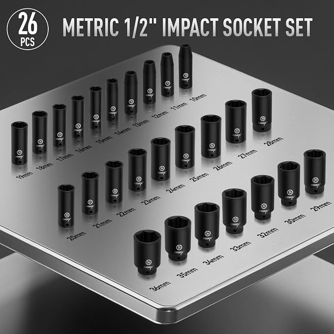 DISEN 26 Pcs Metric 1/2" Impact Socket Set | 10mm - 36mm Deep Sockets Set Impact, 6-Point,Cr-V,Rugged Construction 1/2 Inches Drive Socket