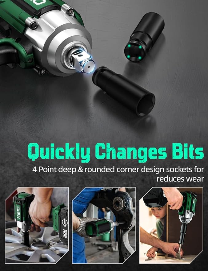 KIMO Cordless Impact Wrench, 550N.m/410ft-lbs, 4000 RPM, 7Sockets High Torque Impact Wrench with 3/8" Chuck, 4000mAh Li-ion Battery, Fast Charger, Variable Modes Power Impact Driver for Car Tires