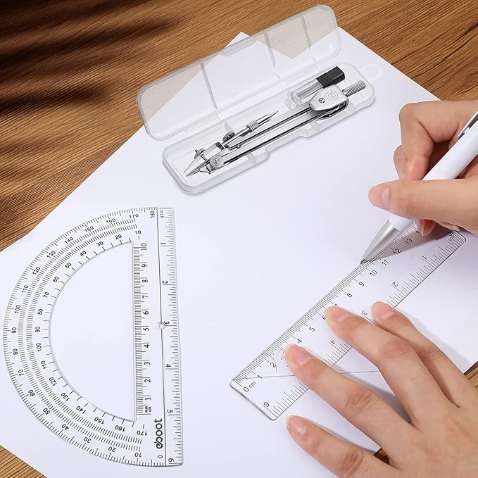 Zonon 3 Pcs Plastic Ruler 6 Inch Protractor Drawing Compass Set, Student Geometry Math Transparent Measuring Tools for Home School Classroom Office Supplies(6 Inch,Clear)